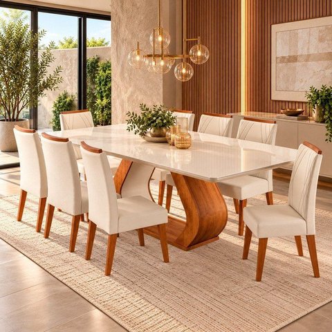 Conjunto Sala de Jantar 8 Lugares Retangular Tampo em Vidroe MDF Rubhe Yescasa Bege/Mel/Off White