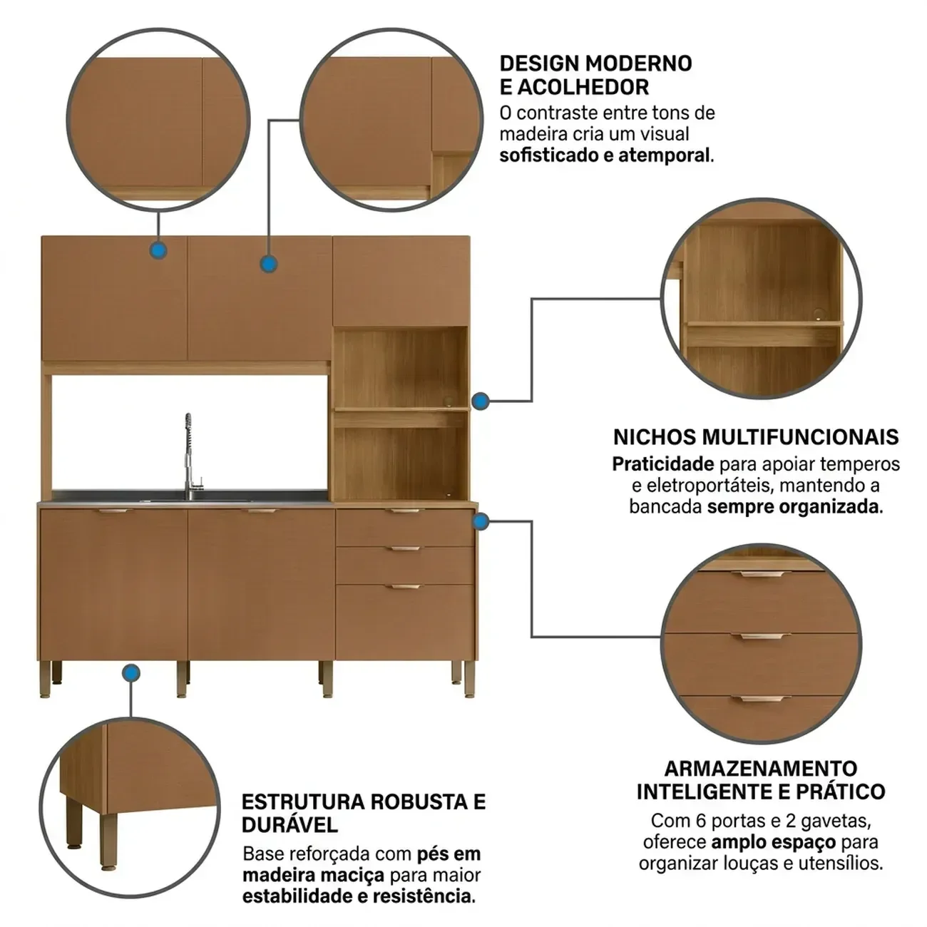 Ver imagem 5 de Cozinha Compacta 6 Portas 2 Gavetas Viva 179,3 cm Marrom Freijó/Caramelo