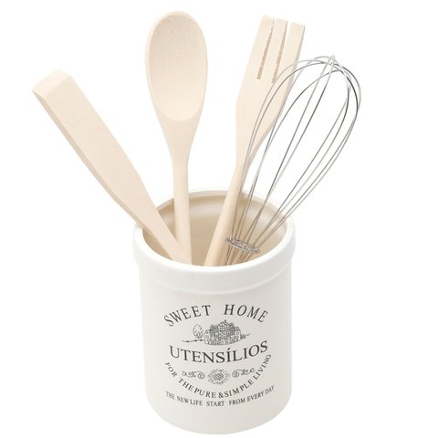 Conjunto 4 Utensílios Bambu com Suporte Cerâmica Sweet Home