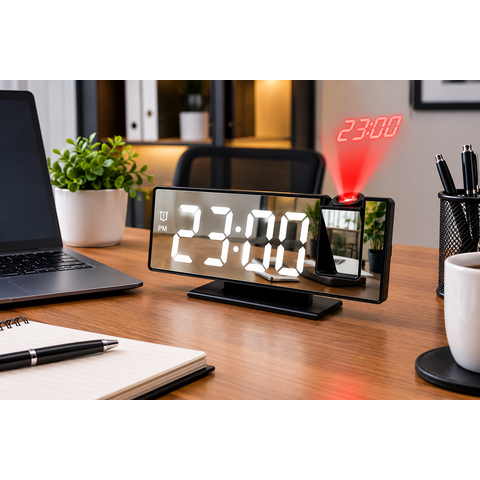 Relógio Despertador Digital LED com Espelho, Projeção de Hora