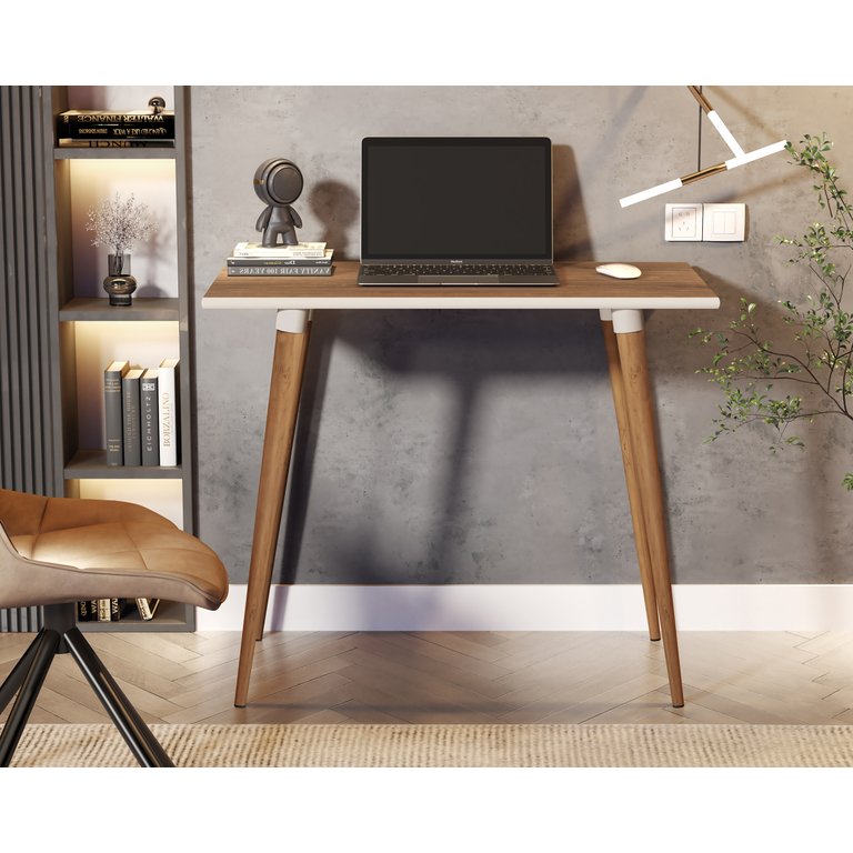 Mesa Escrivaninha Retrô em Mdf e Pés Palito de Madeira Freijó/off White