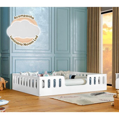 Cama Casal Infantil Branca Helo com Cercado Branco