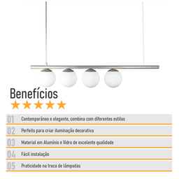 Lustre Pendente Figo Prata - 4 Globos Esfera de Vidro Branco - 7