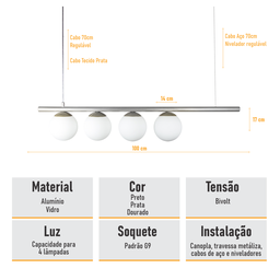 Lustre Pendente Figo Prata - 4 Globos Esfera de Vidro Branco - 6