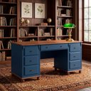 Ver imagem 2 de Escrivaninha Linz 7 Gavetas 80 X 176 X 50 Cm (a X L X P) Cor Azul Petróleo - Imbuia Glazer