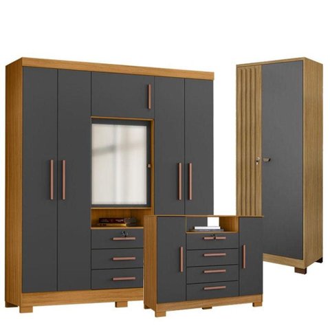 Conjunto de Quarto Casal Imperial Madri Versatile 7 Gavetas MDP Grafite Incorplac Móveis