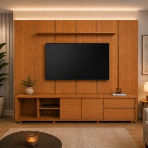 Painel Completo com Rack Celeste 75" MDF Laqueado com Módulo de Expansão Amadeirado