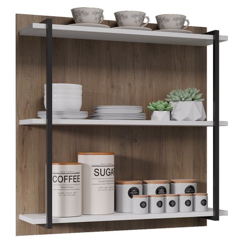Prateleira Industrial Cozinha Tripla com Painel Flora M24 Branco/freijó - Mpozenato
