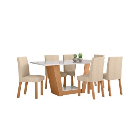 Conjunto Sala de Jantar Mesa Apogeu 170 Tampo Vidro Off White com 6 Cadeiras Laini - Lopas Amendoa C