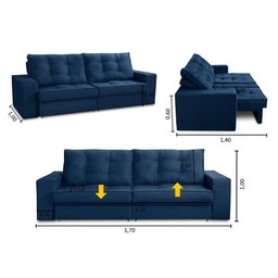 Sofá Retrátil e Reclinável 2 Lugares 1,70m com Molas Giovana Suede Azul Madelina Decor - 3