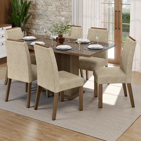 Conjunto Sala de Jantar Tampo de Vidro 6 Cadeiras Rustic/Imperial Dália Madesa