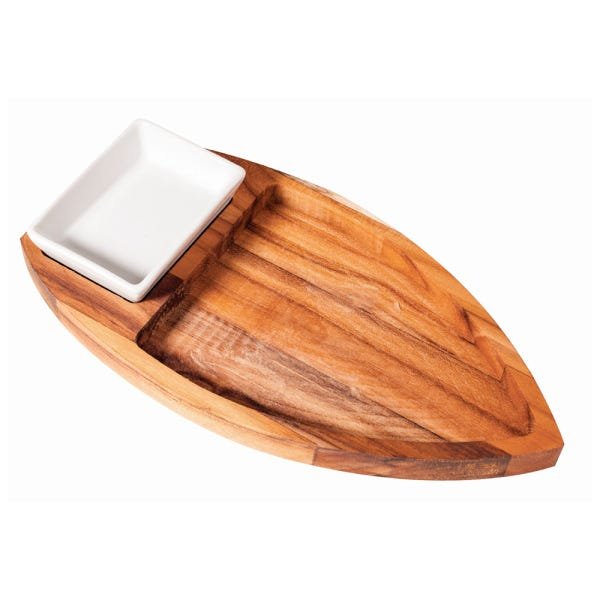 Barco para Sushi e Sashimi de Madeira Teca com Porta Molho de Cerâmica - 1