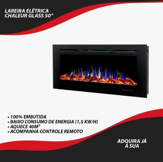 Lareira Elétrica Parede de Embutir Aquecedor Preta 50 Polegadas 110w Chaleur Brasil - 6