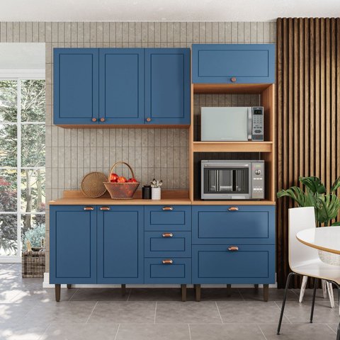 Cozinha Pérola com Tampo Completa Modulada 3 Peças Azul/Freijó