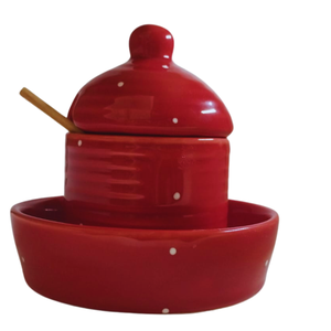 Pote Mel com Prato de Cerâmica e Pegador!:vermelho com Bolinha Branca