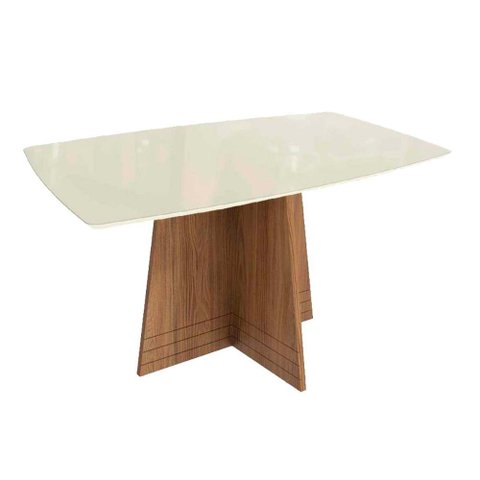 Mesa de Sala Jantar Lótus C/ Tampo Madeirado C/ Vidro 90x170cm Nogueira/off White/vidro Off White