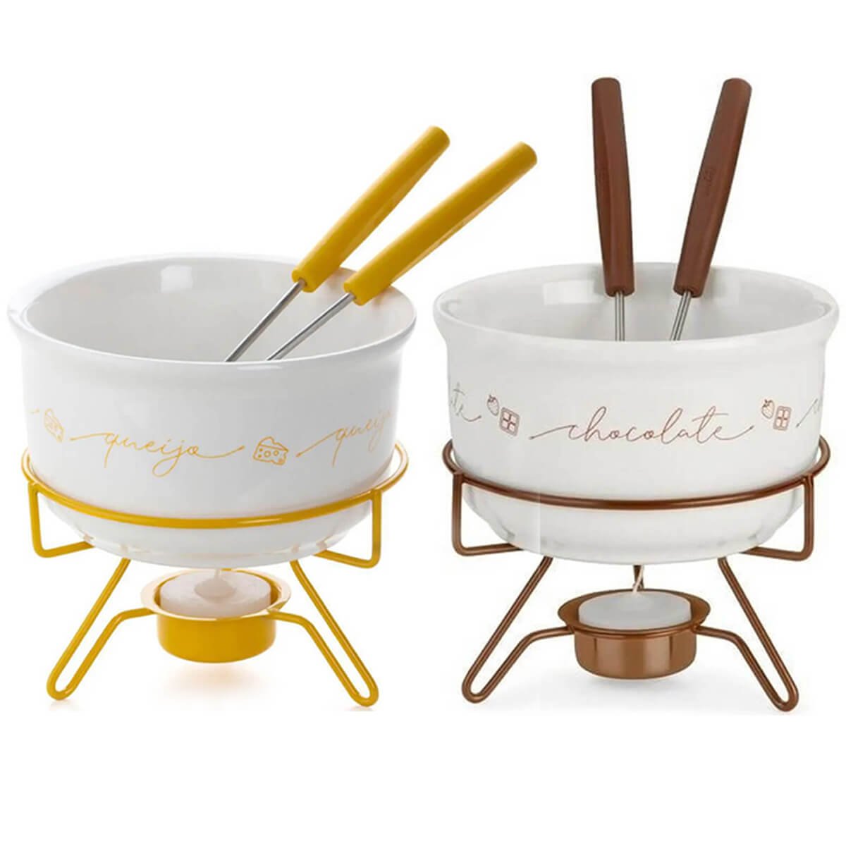 Conjunto Aparelho para Fondue de Queijo e Chocolate em Porcelana Forma Inox