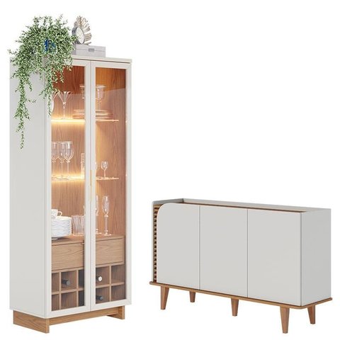 Cristaleira Guanabara Off White Freijó com Aparador Buffet Jurerê Off White Matte Freijó - Colibri
