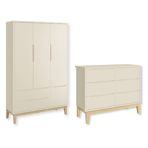 Quarto de Bebê Guarda Roupa Classic + Cômoda 6 Gavetas Madeira Natural Areia Fosco