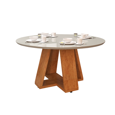 Mesa de Jantar Redonda com Tampo de Vidro para Sala de Estar e Cozinha:off White