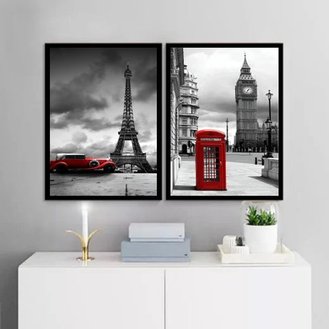 Kit 2 Quadros Paris e Londres - Vermelhos 24x18cm:moldura Branca