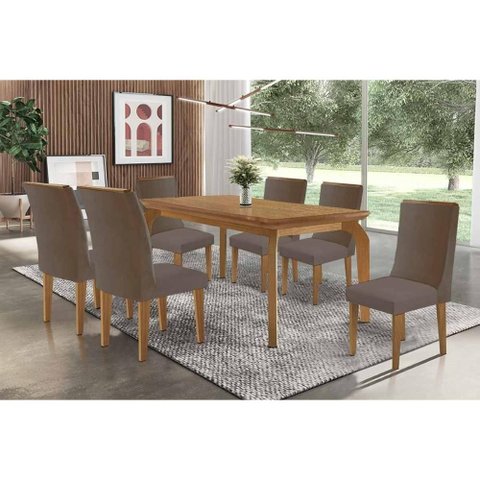 Conjunto: Mesa Sala Jantar Londrina C/ Tampo Madeirado Canto Curvo 180x90cm e 6 Cadeiras Dakota