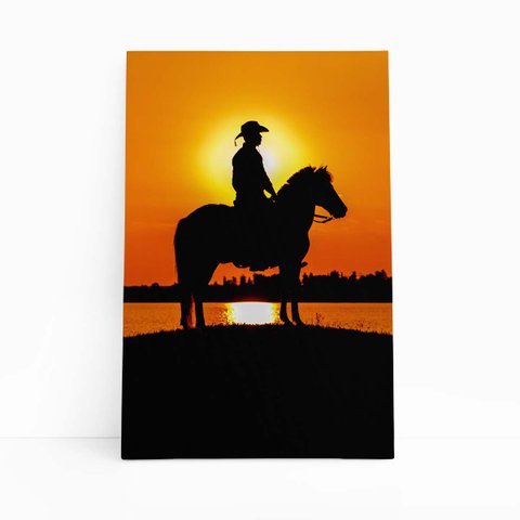 Homem Montado em Cavalo Pôr do Sol Quadro Canvas 140x90cm