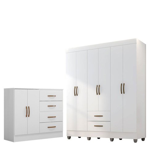 Kit Guarda-roupa Casal 6 Portas com Cômoda Sapateira 4 Gavetas Lisa Branco