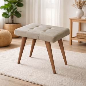 Banqueta Decorativa Moderna Veludo Bege Pés Palito Madeira