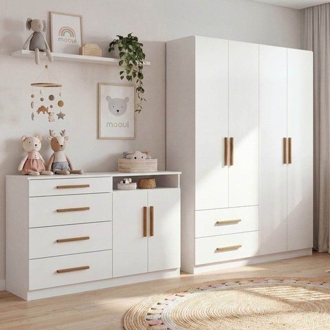 Conjunto Infantil Guarda Roupa 4 Portas e 2 Gavetas e Cômoda Casulo Casatema MadeiraOriginals Branco
