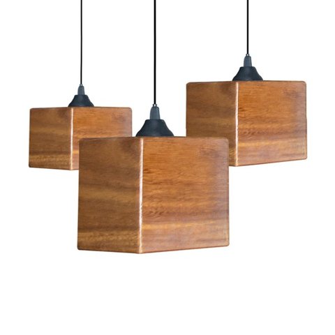 Conjunto 3 Luminarias Minimalista Pendentes Cannes De Teto Em Cubo Madeira Vintage