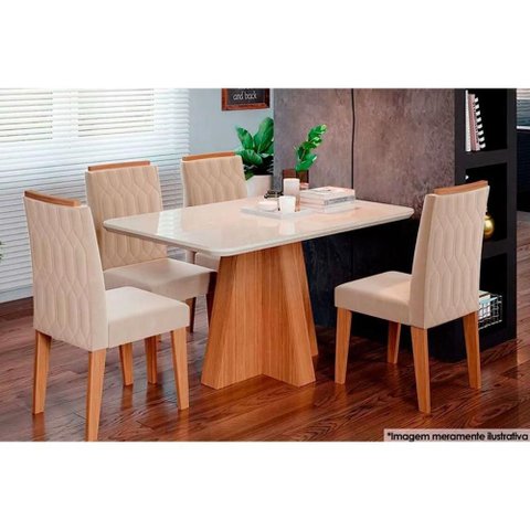Sala de Jantar Completa Maite C/ Tampo Madeirado C/ Vidro Canto Curvo 130x80cm e 4 Cadeiras Paola