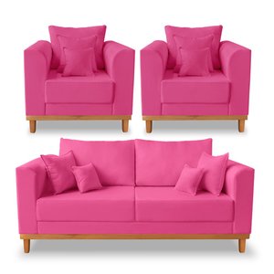Kit Sofá 3 Lugares e 2 Poltronas Beny Viena Com Base de Madeira Suede Pink - Madeira Prima Deccor