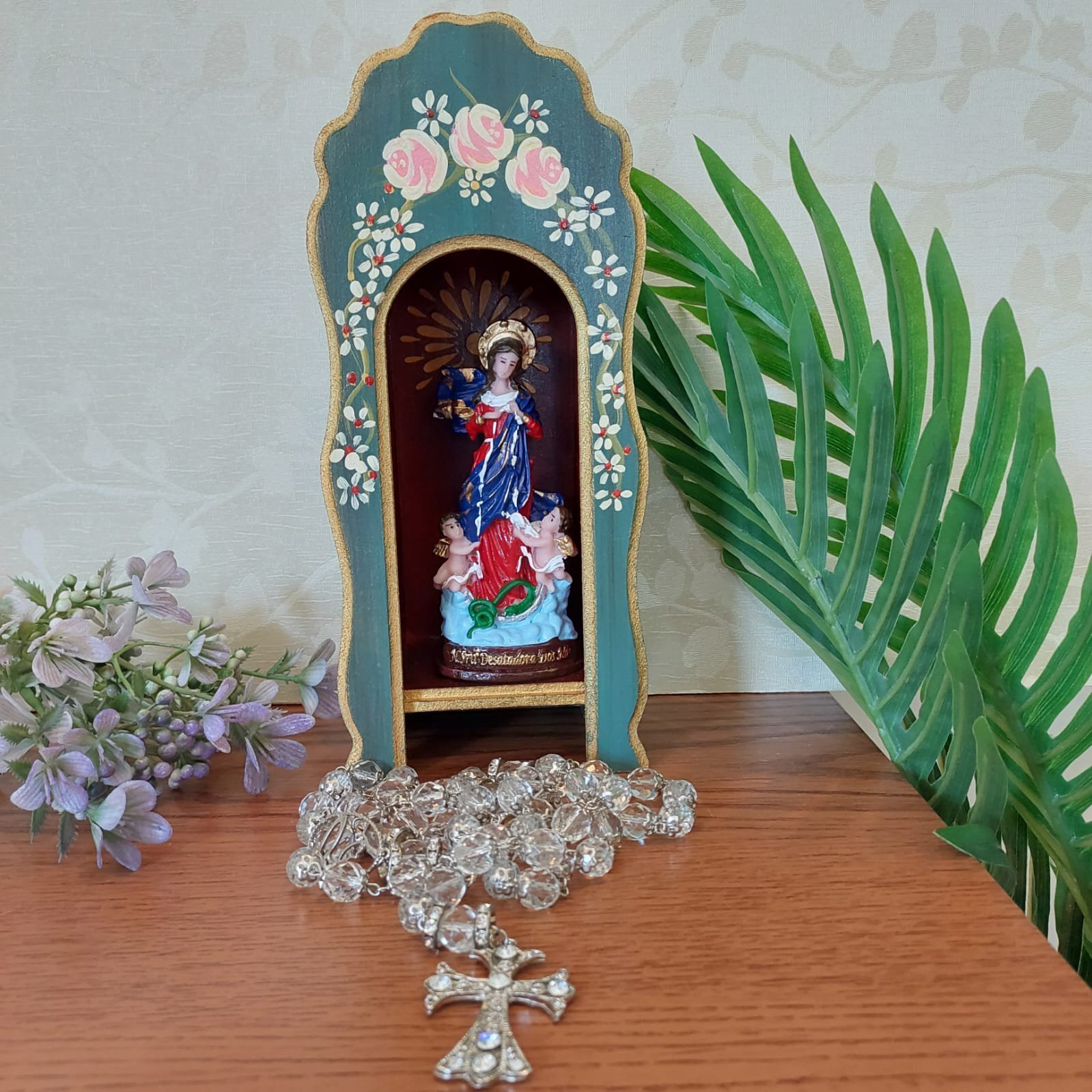 Mini Oratório Capela Para Imagens De Até 12Cm _ Azul com Flores Com Vidro ** - 4