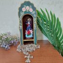 Ver imagem 4 de Mini Oratório Capela para Imagens de até 12cm _ Azul com Flores com Vidro **
