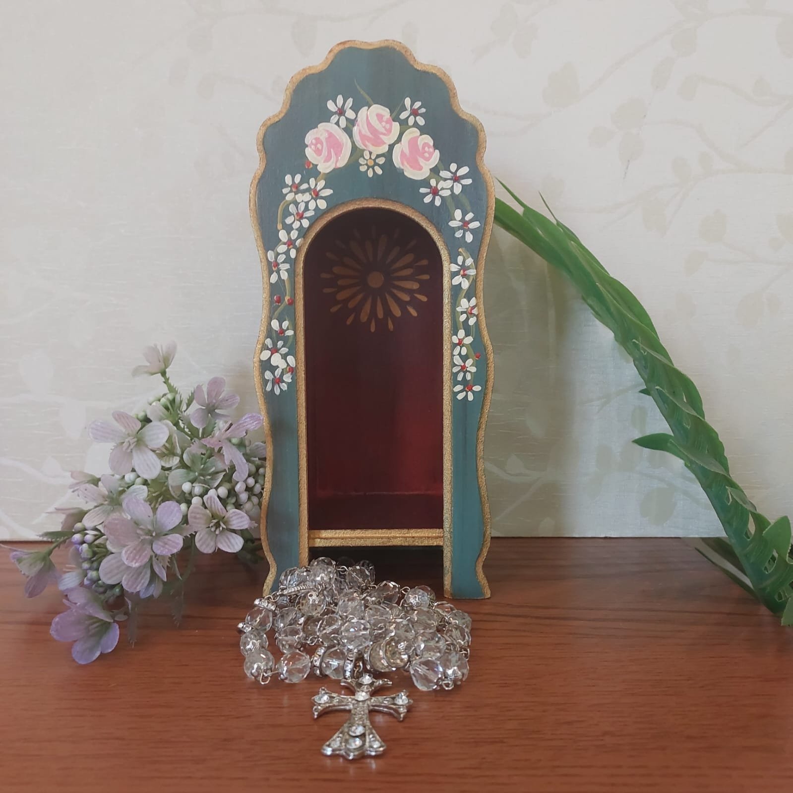 Mini Oratório Capela Para Imagens De Até 12Cm _ Azul com Flores Com Vidro ** - 3