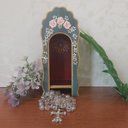 Ver imagem 3 de Mini Oratório Capela para Imagens de até 12cm _ Azul com Flores com Vidro **