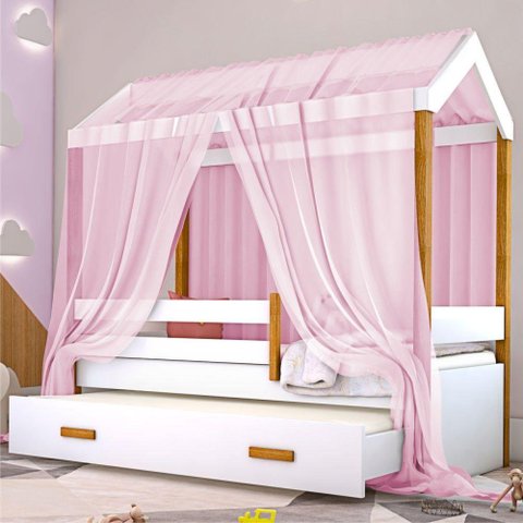 Cama Montessori Cabana Com Auxiliar Colchão E Dossel Rosa