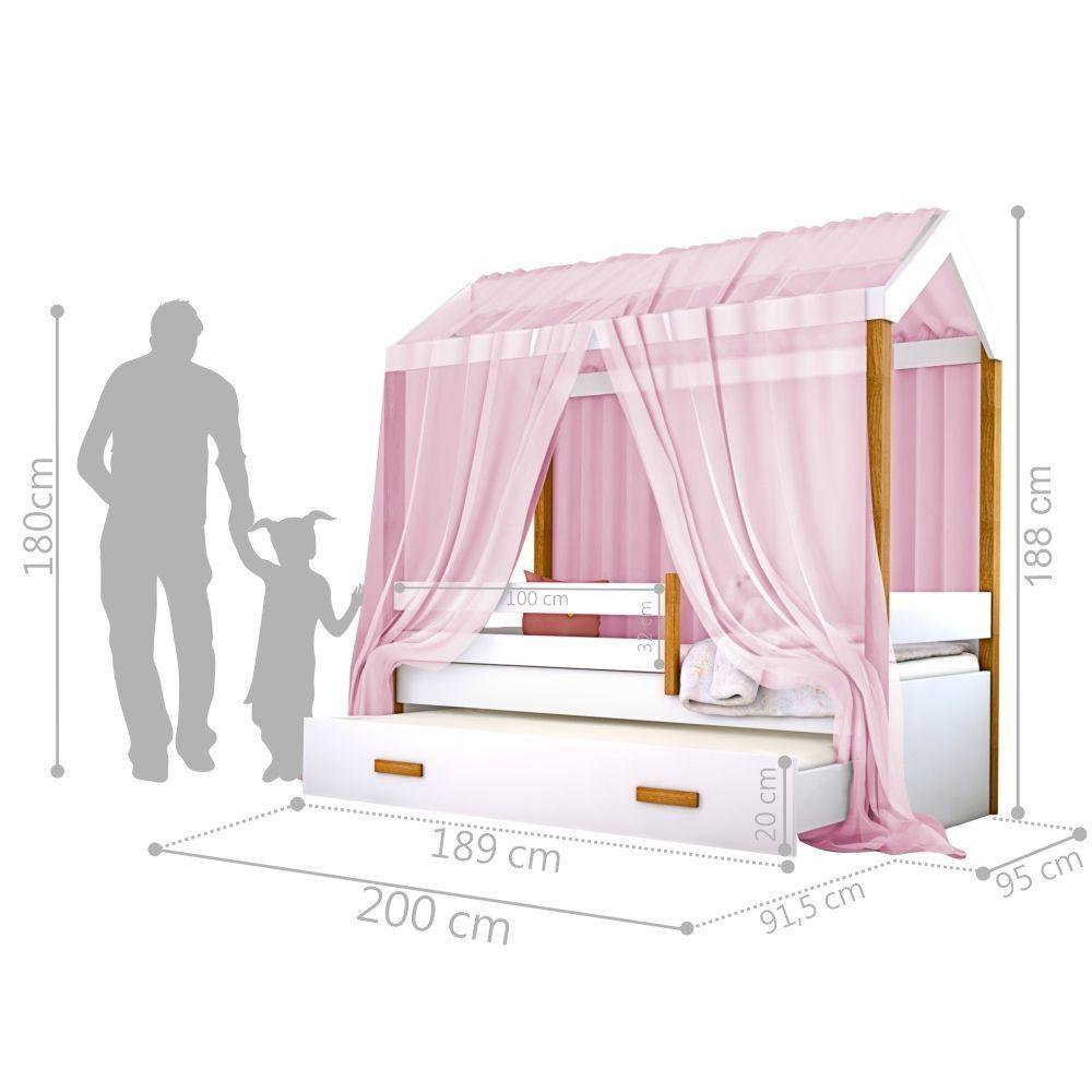 Cama Montessori Cabana Com Auxiliar Colchão E Dossel Rosa - 3