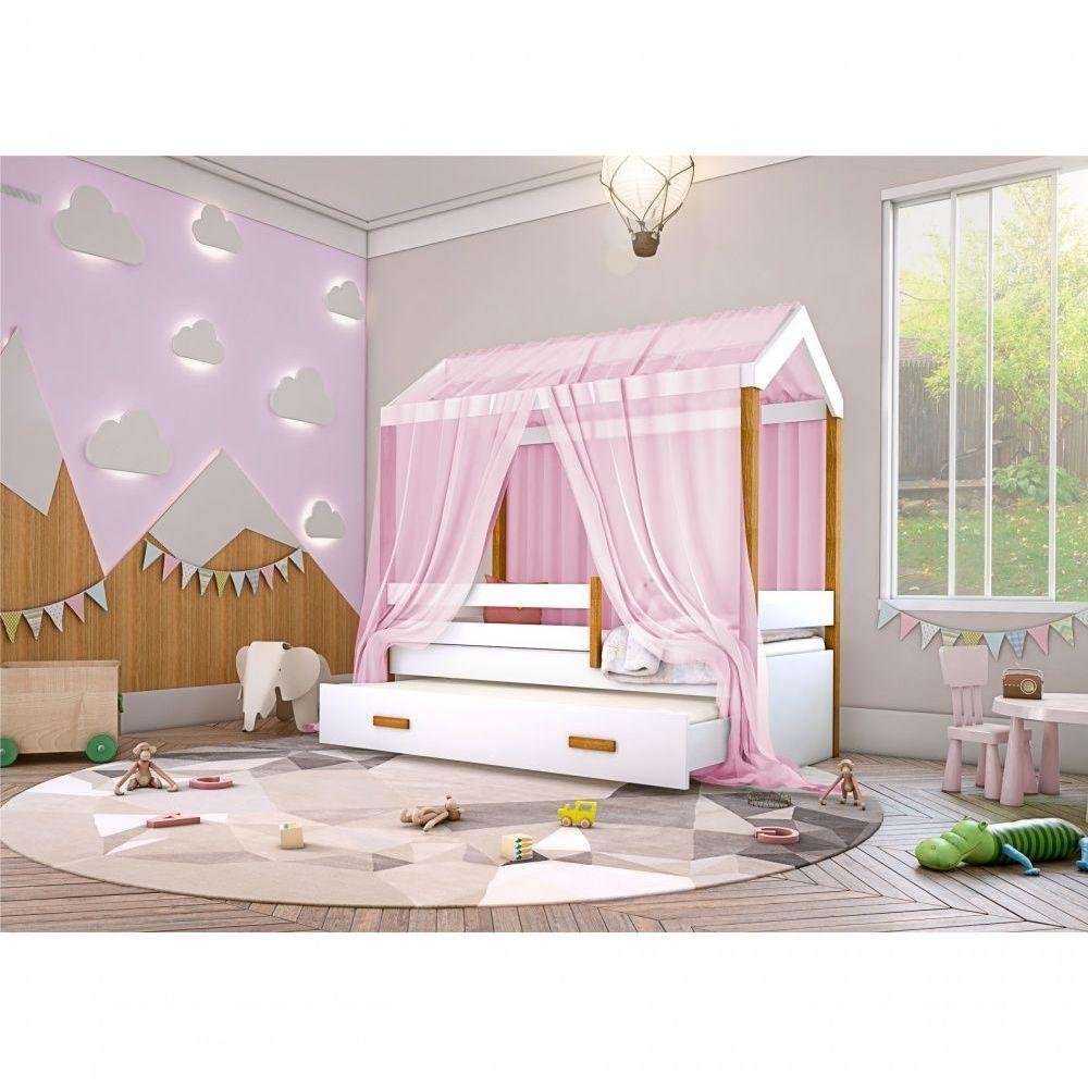 Cama Montessori Cabana Com Auxiliar Colchão E Dossel Rosa - 2