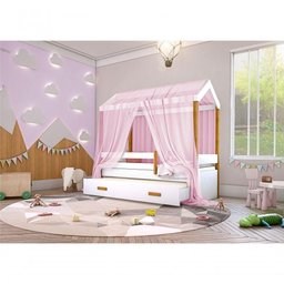 Cama Montessori Cabana Com Auxiliar Colchão E Dossel Rosa - 2