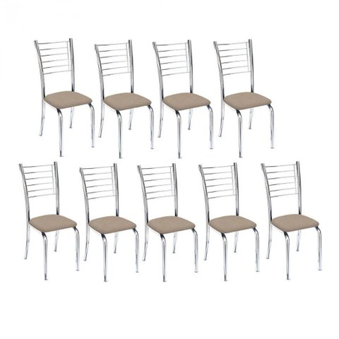 Kit 9 Cadeiras de Jantar Lara Cromada para Cozinha Suede Bege - Aurora Line