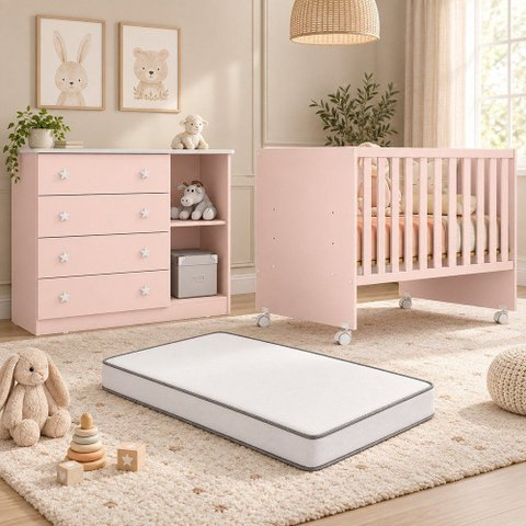 Kit Quarto de Bebê Doce Sonho com Berço com Rodízio Cômoda Sapateira e Colchão D18 130x60 Movellu