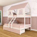 Ver imagem 2 de Beliche Casal/ Solteiro Casinha Encantada com 02 Gavetas Madeira Maciça Branco/ Rosa Megamobilia