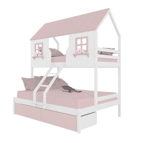 Beliche Casal/ Solteiro Casinha Encantada com 02 Gavetas Madeira Maciça Branco/ Rosa Megamobilia