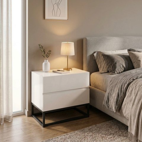 Mesa de Cabeceira Eros 45cm Branco Estilo Industrial Base Metal Preto 2 Gavetas Modernas