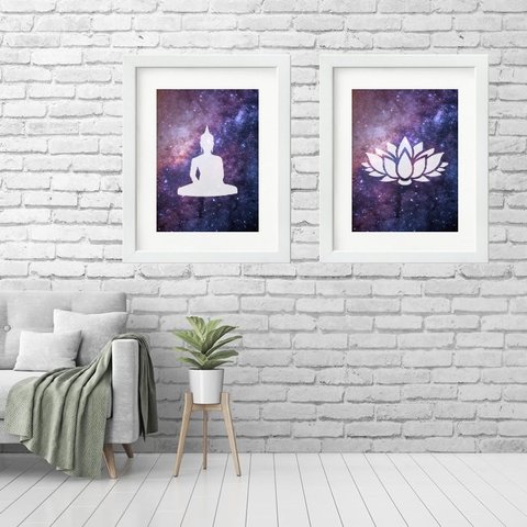 Kit 2 Quadros Grandes Buda Galáxia - 60x48cm:madeira Branca