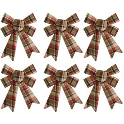 Kit 6 Laços Xadrez Bege com Vermelho e Verde Natal Modelo Rígido 16cm - Magizi - 1