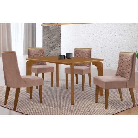 Conjunto: Mesa de Cozinha Londrina Tampo Curvo 120cm+4 Cadeiras Maldivas Madeira Naturale -