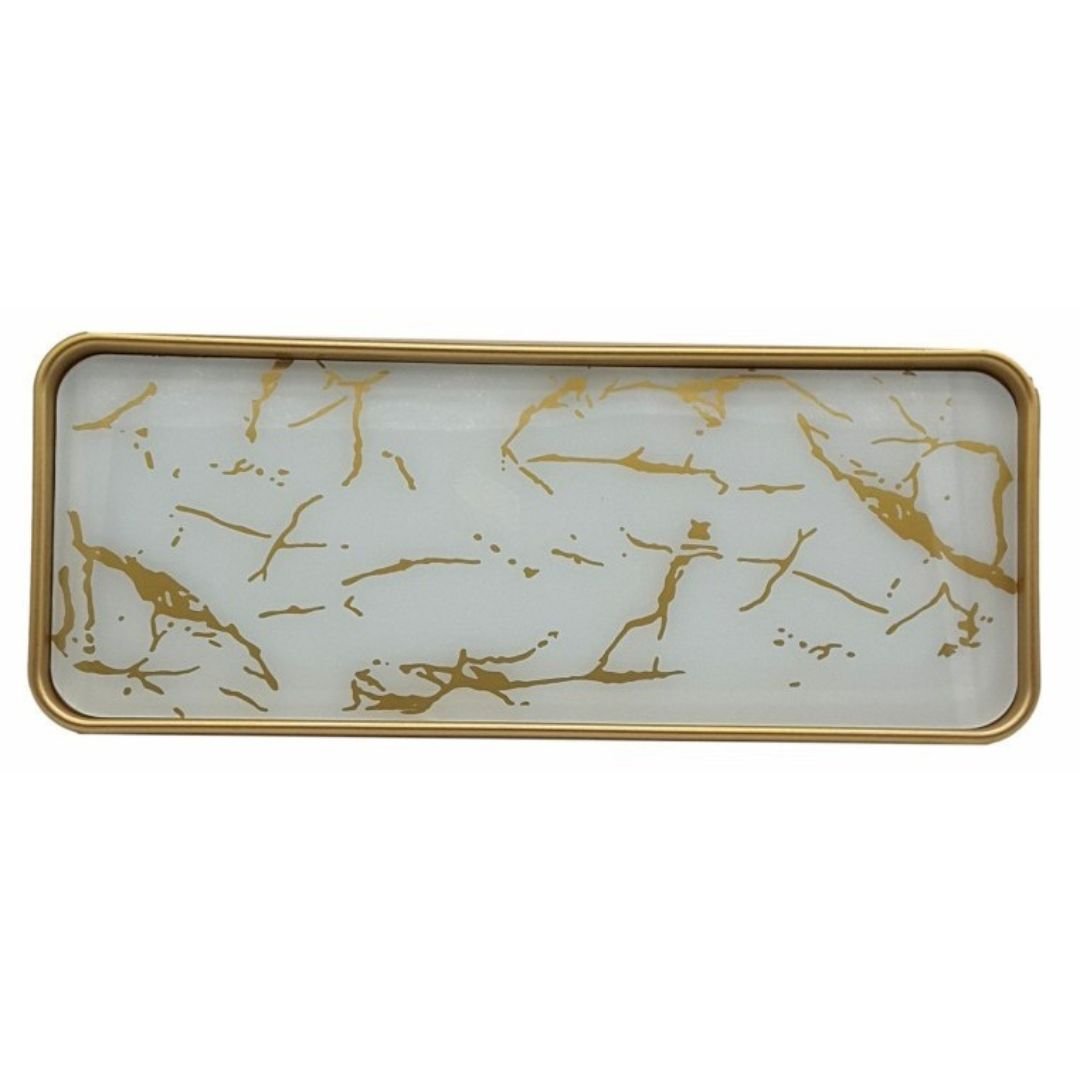 Bandeja Decorativa Pedra Mármore Branco Multiuso Retangular Vidro - 4